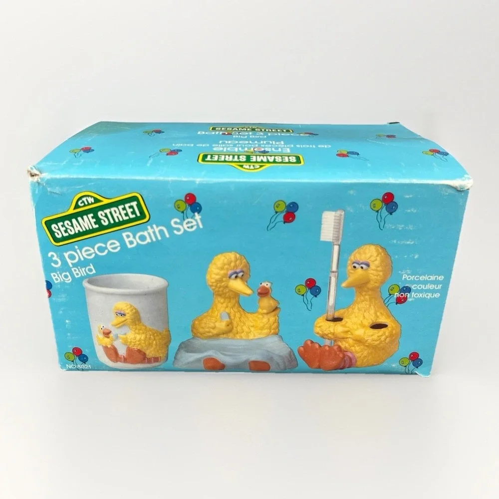 Sesame Street Big Bird Ceramic Soap Dish Toothbrush Holder And Cup Set Of 3 New